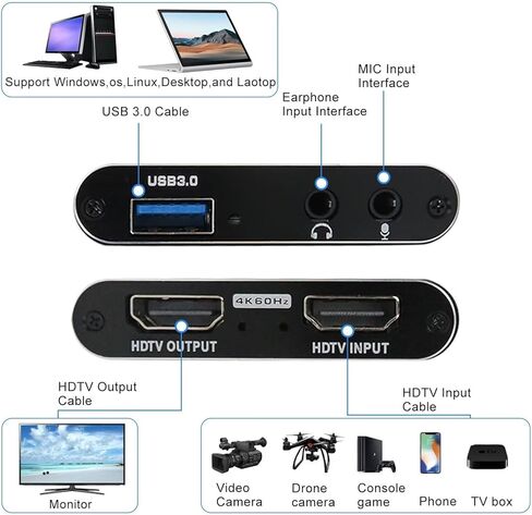 4K Audio Video Capture Card, USB 3.0 HDMI Game Capture Card with HDMI Loop-Out 1080P 60FPS Live Streaming Game Recorder Device for PS4, for Nintendo Switch, for Xbox One, for Xbox 360 - Black in Saudi Arabia