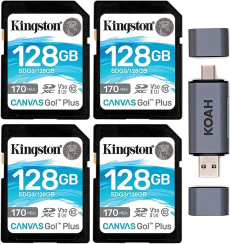 Kingston 128GB SDXC Canvas Go Plus 170 MB/S قراءة بطاقة الذاكرة (SDG3/128GB ، 4 عبوات) مع قارئ بطاقة SD 2-في 1 (5 عناصر) in Saudi Arabia