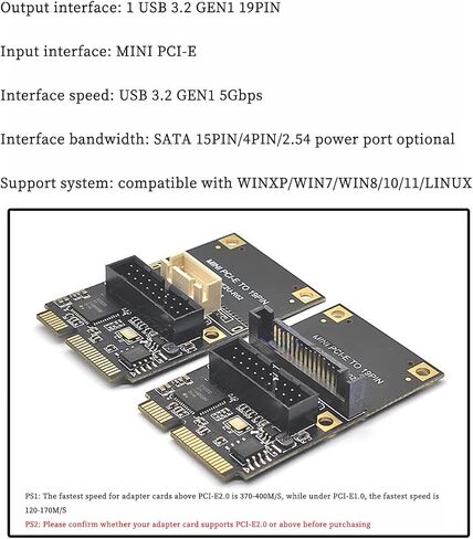 Mini PCI-E to USB 3.2 Gen1 19-Pin Dual-Port Expansion Card 5Gbps Adapter Support Half-Height Bracket, Compatible with Windows/Linux (Small 4-Pin Power Port) in Saudi Arabia