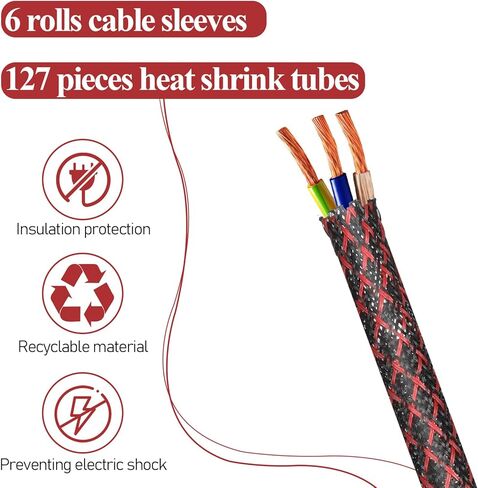 6 Roll 96ft Wire Loom Braided Cable Sleeve with 127 Pcs Tube Heat Shrinkable, Cord Covers for Pets, PET Expandable Cord Organizer for Audio Video Cable Cord USB Cable in Kuwait