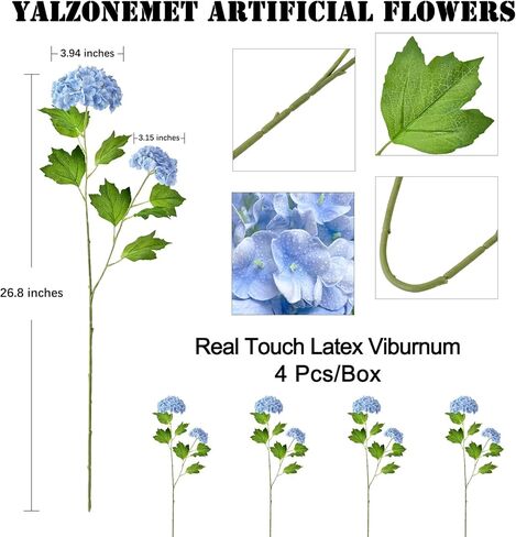 RUZUQE YalzoneMet 4pcs Viburnum Artificial Flower Snowball 26.8'' Long Stem Green Small Hydrangea Flower Real Touch Lifelike Latex Flower for Home Christmas Decoration Xmas Table Flower in Kuwait