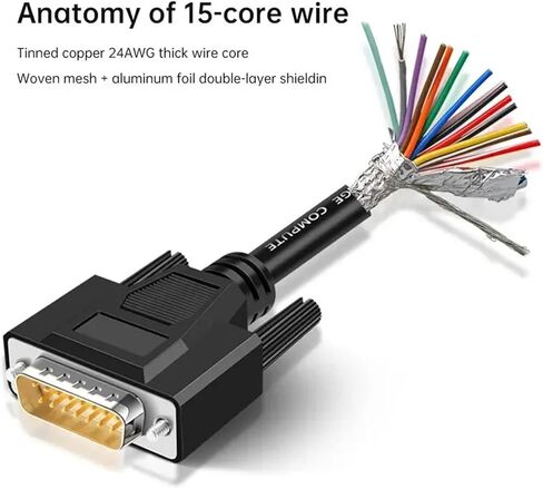 1Pcs DB9 DB15 DB25 Connector Cable 24AWG 9/15/25 Pin Soldering-Free Signal Line Male Female RS232 Serial Port Shielded Data Wire(DB15 Metal Female,1M) in Saudi Arabia