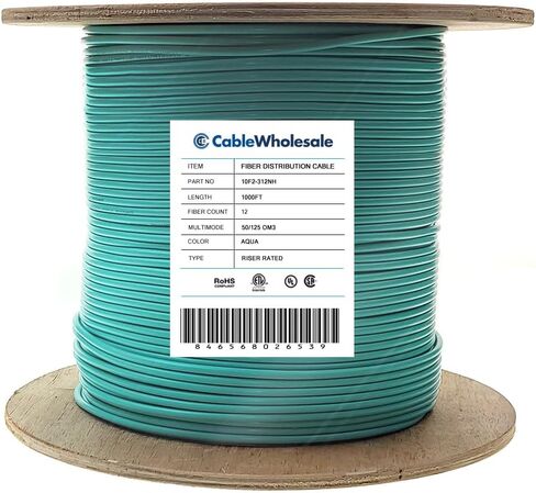 CableWholesale 12-Strand Fiber Indoor Distribution Fiber Optic Cable, Multimode, 50/125 Micron, OM3, 10 Gbit, Aqua, Riser Rated, Spool, 1000 feet in Saudi Arabia