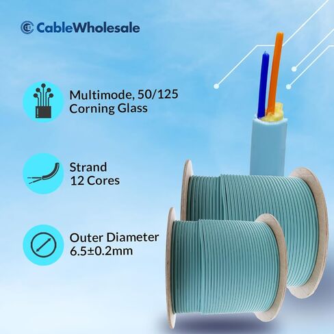 CableWholesale 12-Strand Fiber Indoor Distribution Fiber Optic Cable, Multimode, 50/125 Micron, OM3, 10 Gbit, Aqua, Riser Rated, Spool, 1000 feet in Saudi Arabia