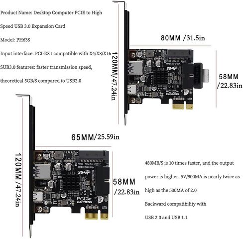 PH63C PCIe X1 to USB 3.0 A, USB-C, Type-E, 19/20-Pin Expansion Card with SATA 15-Pin Power and Aluminum Heatsink – Compatible with Desktop PC Windows/Linux/MacOS (Full-Height Baffle) in Saudi Arabia