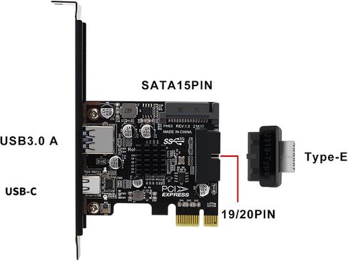 PH63C PCIe X1 to USB 3.0 A, USB-C, Type-E, 19/20-Pin Expansion Card with SATA 15-Pin Power and Aluminum Heatsink – Compatible with Desktop PC Windows/Linux/MacOS (Full-Height Baffle) in Saudi Arabia