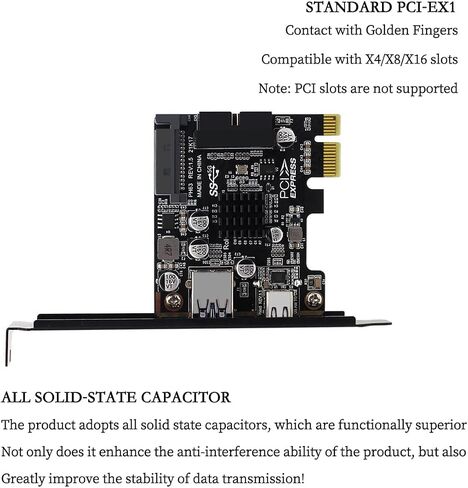 PH63C PCIe X1 to USB 3.0 A, USB-C, Type-E, 19/20-Pin Expansion Card with SATA 15-Pin Power and Aluminum Heatsink – Compatible with Desktop PC Windows/Linux/MacOS (Full-Height Baffle) in Saudi Arabia
