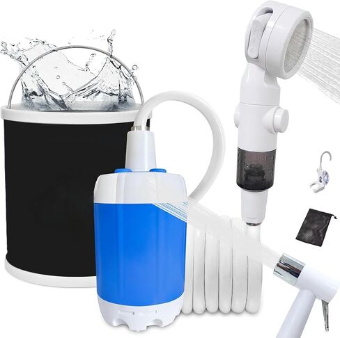 Portable Camping Shower, Outdoor Shower Kit with Pump, Hose, Spray Gun & Folding Bucket, Rechargeable Battery Powered Portable Shower for Camping, Hiking, Beach,RV,Pet Cleaning & Road Trips in Saudi Arabia