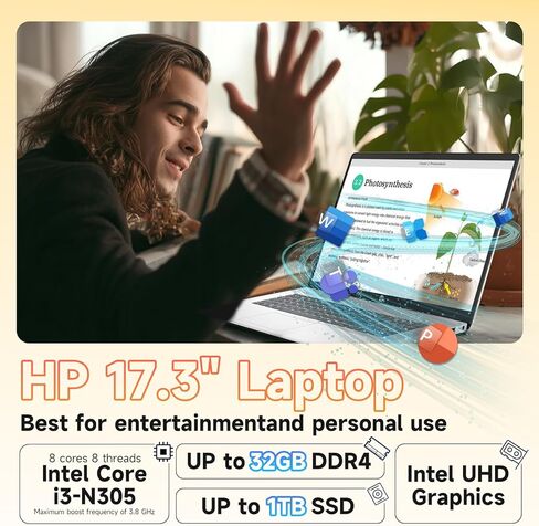 HP 2025 17.3" FHD Laptop, Intel Core i3-N305 (32GB RAM | 1TB SSD), Windows 11 Pro, Wi-Fi 6, Bluetooth, Webcam, Up to 9.5 Hours Battery Life–Business Laptop for Work & Students, w/Accessories in Saudi Arabia