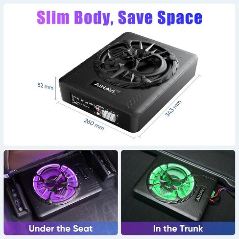 Ainavi 10 "Slim Slim تحت سيارة مضخمات مضخمات للسيارة المقعد-مضخم صوت مدعوم 800 واط ، مدخلات عالية/منخفضة ، حزمة مضخم صوت مضغوط من السيارات/الشاحنة مع الضوء المحيط بالألوان LED in Kuwait
