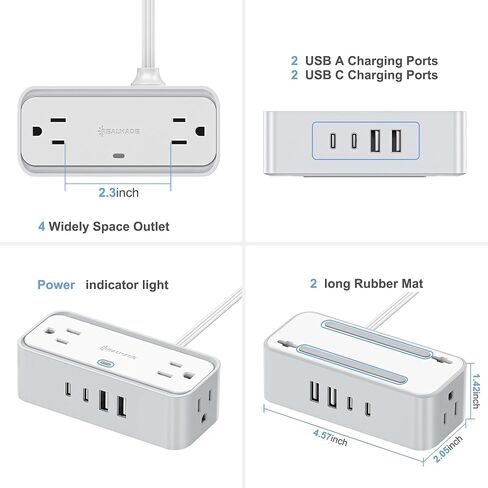 Surge Protector Power Strip, REALMADE 4 AC 4 USB Power Strip, Flat Plug Outlet Extender, 5Ft Extension Cord, Wall Mount Desk Charging for Home Office， Gray & White in Saudi Arabia