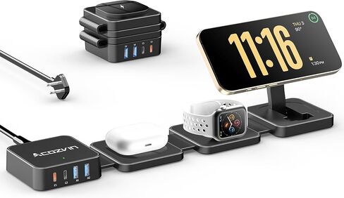 7-in-1 Wireless Charging Station for Apple Devices, ACOZVIN Foldable Magnetic Wireless Charger, 4 USB Ports(30W USB C), 5FT Cord Flat Plug, Travel Charger Stand for iPhone 16/15/14/13, iWatch &AirPods in Saudi Arabia