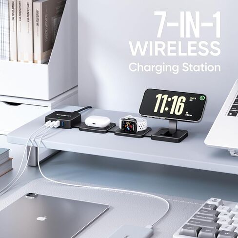 7-in-1 Wireless Charging Station for Apple Devices, ACOZVIN Foldable Magnetic Wireless Charger, 4 USB Ports(30W USB C), 5FT Cord Flat Plug, Travel Charger Stand for iPhone 16/15/14/13, iWatch &AirPods in Saudi Arabia