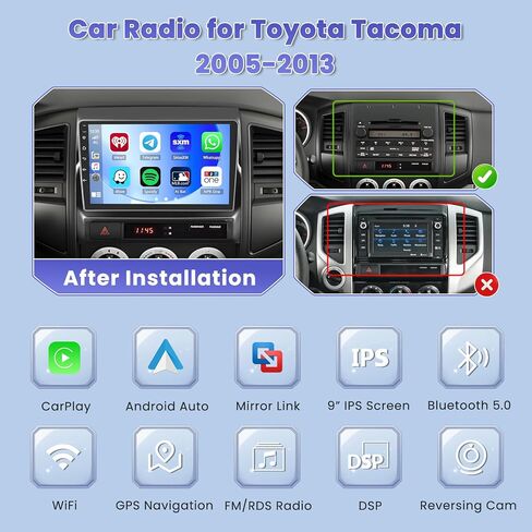 Hikity 6+128GB 8 Core Android 13 Radio for 2005-2013 Toyota Tacoma Upgrate Dash Kit with Wireless Carplay, 9'' Touch Screen, Android Auto/32EQ DSP/Bluetooth 5.0/GPS/WiFi/SWC, Backup Camera in Kuwait