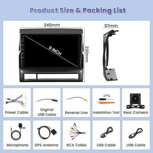 Hikity 6+128GB 8 Core Android 13 Radio for 2005-2013 Toyota Tacoma Upgrate Dash Kit with Wireless Carplay, 9'' Touch Screen, Android Auto/32EQ DSP/Bluetooth 5.0/GPS/WiFi/SWC, Backup Camera in Kuwait