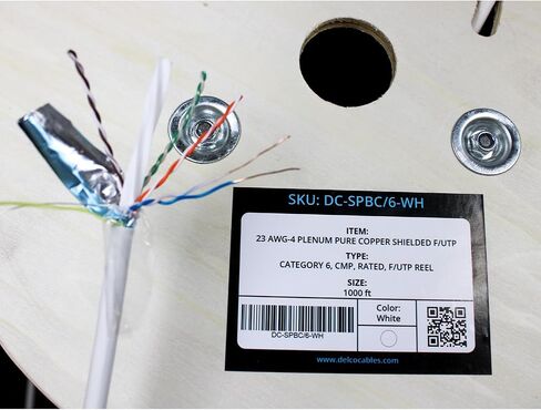 Cat6 Plenum Cable 1000ft | ETL Listed | Shielded (F/UTP) Twisted Pairs | 23AWG Solid Bare Copper | 550MHz High-Speed Ethernet | Wooden Reel | Fire Retardant CMP Cable (White, 1000ft) in Saudi Arabia