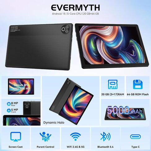 Tablet 10 Inch Android 15 OS GMS Tablets PC 1.8 GHz 5-Core 20 (3+17) GB RAM 64 GB ROM 1 TB قابلة للتوسيع 1280 × 800 HD IPS شاشة اللمس 5000 MAH WIFI 6 Bluetooth 5.4 Dual Camera 2025 (Black) in Kuwait