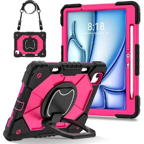 Case for iPad air 11 inch 6th Gen 2024 (Model: A2902/A2903/A2904):with Pen Holder Portable Hybrid Shock-Proof Cover with 360° Rotatable ring, Kickstand,Shoulder Strap. (Black+black) in Saudi Arabia