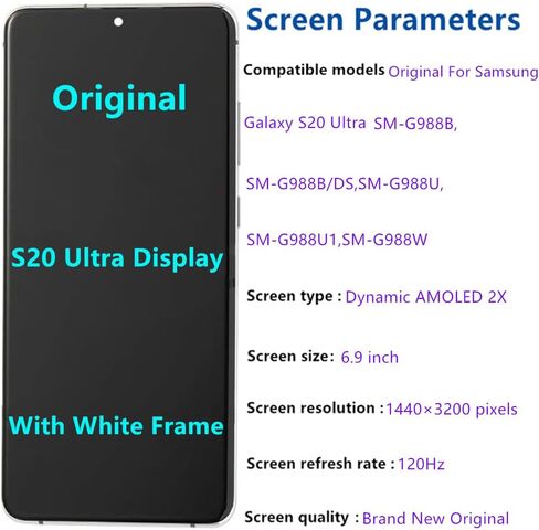 6.9 "amoled أصلي لـ Samsung Galaxy S20 Ultra Display Disposit Digitizer Assembly S20ULTRA 5G SM-SM-G988U SM-G988U1 SM-G988B شاشة (مع إطار أسود + COVE + أدوات) in Kuwait
