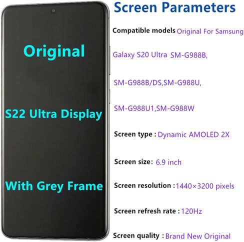 6.9 "amoled أصلي لـ Samsung Galaxy S20 Ultra Display Disposit Digitizer Assembly S20ULTRA 5G SM-SM-G988U SM-G988U1 SM-G988B شاشة (مع إطار أسود + COVE + أدوات) in Kuwait