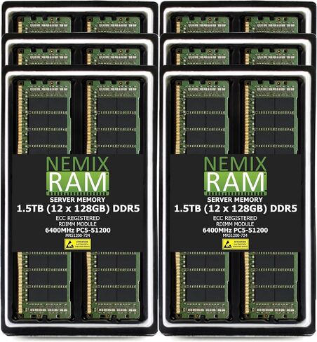 NEMIX RAM 512GB (4x128GB) DDR5 6400MHz PC5-51200 CL52 2RX4 1.1V 288-PIN ecc rdimm مجموعة ذاكرة الخادم المسجلة in Kuwait