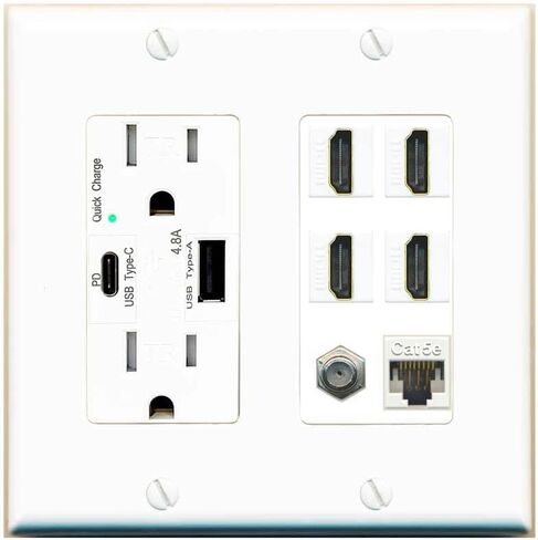 Riteav USB Charger Outlet 15A/125V USB A/USB-C منافذ 4 HDMI 1 CAT5E Ethernet 1 Coax Cable Decord Plate White Wall Plate in Saudi Arabia