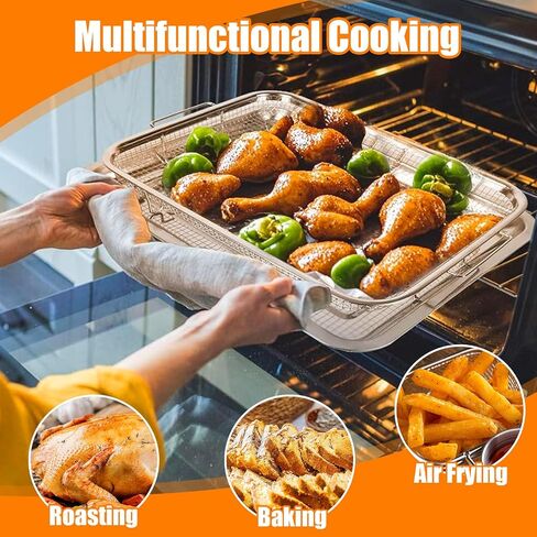 Air Fryer Basket for Oven, 15.5"x 11.6" Air Fryer Tray and Pan with 100 PCS Parchment Papers, Stainless Steel Non-stick Oven Air Fryer Basket for Cooking Baking and Crispy Foods in Saudi Arabia