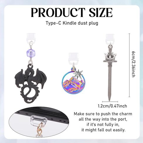 قابس الغبار لسحر Kindle-3pcs المعلقات Black Dragon Sword ، أغطية ميناء USB-C للهاتف والزعيم الإلكتروني ، هدايا عيد الهالوين الخيالية لعشاق الكتب النساء in Saudi Arabia