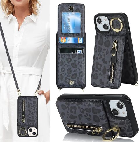 بالنسبة لـ iPhone 13 Mini Phone Case مع حامل البطاقة وحزام للنساء ، حقيبة Crossbody مع حلقة محفظة Stand Stand Szipper لمحفظة Apple13Mini - الفهد الأبيض in Kuwait