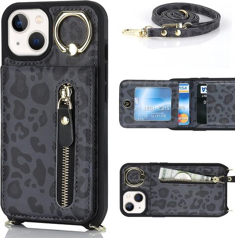 بالنسبة لـ iPhone 13 Mini Phone Case مع حامل البطاقة وحزام للنساء ، حقيبة Crossbody مع حلقة محفظة Stand Stand Szipper لمحفظة Apple13Mini - الفهد الأبيض in Kuwait