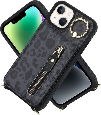 بالنسبة لـ iPhone 13 Mini Phone Case مع حامل البطاقة وحزام للنساء ، حقيبة Crossbody مع حلقة محفظة Stand Stand Szipper لمحفظة Apple13Mini - الفهد الأبيض in Kuwait