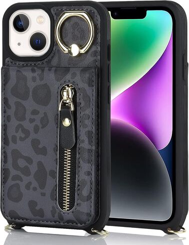 بالنسبة لـ iPhone 13 Mini Phone Case مع حامل البطاقة وحزام للنساء ، حقيبة Crossbody مع حلقة محفظة Stand Stand Szipper لمحفظة Apple13Mini - الفهد الأبيض in Kuwait