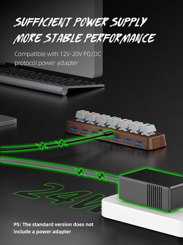 7-Port USB 3.0 Powered Hub ، إضاءة RGB ، دعم مفتاح Cherry MX القابل للتشغيل الساخن ، سرعة 5 جيجابت في الثانية ، يشمل محول الطاقة 12V/2A ، Walnut Wood Cyberpunk USB Dock-FU0724 in Kuwait