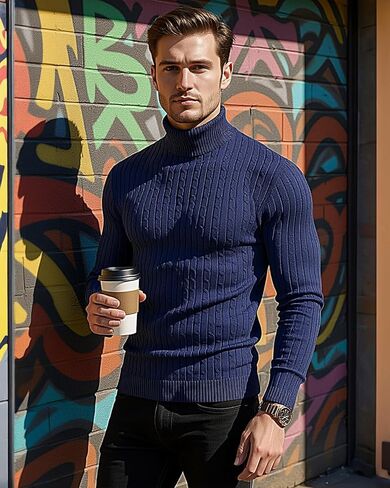 nine bull Mens Slim Fit Turtleneck Sweater Cable Knit Thermal Pullover Sweater in Kuwait