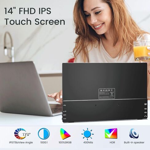 شاشة تعمل باللمس المحمولة 14 بوصة 1200p شاشة تعمل باللمس المحمولة مع حبل واقٍ من CNC Metal HDMI USB C 100 ٪ SRGB شاشات سفر متناهية الصغر للكمبيوتر المحمول ، الكمبيوتر الشخصي ، MAC ، الهاتف ، التبديل in Saudi Arabia