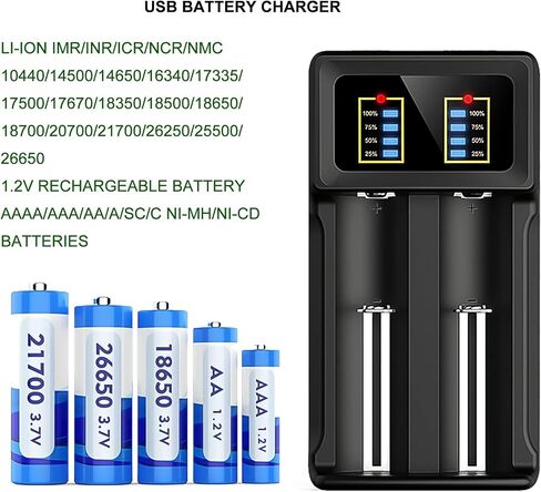 18650 Battery Charger, 2-Bay 5V 2A for Rechargeable Batteries 3.7V Li-ion 26650 18650 16340(RCR123) Capacity Display (Not Battery) in Saudi Arabia