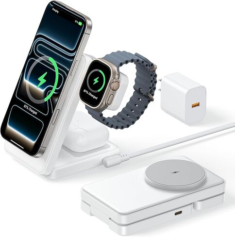 3 في 1 شاحن لاسلكي مغناطيسي لأجهزة Apple ، 15W Fast-Mag-Safe Station قابل للطي متوافق مع iPhone 17 16 15 14 13 12 ، Watch Charger Stand for Apple Watch & Airpods ، Black in Kuwait