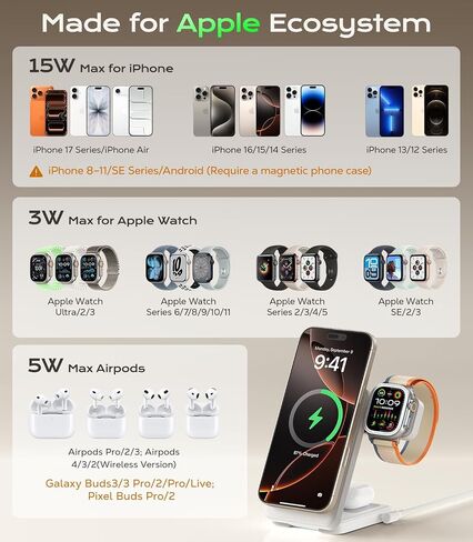 3 في 1 شاحن لاسلكي مغناطيسي لأجهزة Apple ، 15W Fast-Mag-Safe Station قابل للطي متوافق مع iPhone 17 16 15 14 13 12 ، Watch Charger Stand for Apple Watch & Airpods ، Black in Kuwait