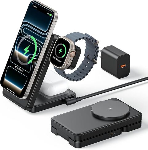 3 في 1 شاحن لاسلكي مغناطيسي لأجهزة Apple ، 15W Fast-Mag-Safe Station قابل للطي متوافق مع iPhone 17 16 15 14 13 12 ، Watch Charger Stand for Apple Watch & Airpods ، Black in Kuwait