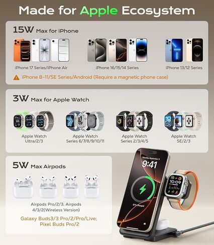 3 في 1 شاحن لاسلكي مغناطيسي لأجهزة Apple ، 15W Fast-Mag-Safe Station قابل للطي متوافق مع iPhone 17 16 15 14 13 12 ، Watch Charger Stand for Apple Watch & Airpods ، Black in Kuwait