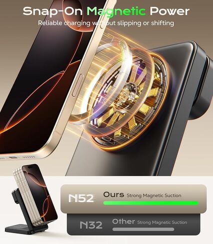 3 في 1 شاحن لاسلكي مغناطيسي لأجهزة Apple ، 15W Fast-Mag-Safe Station قابل للطي متوافق مع iPhone 17 16 15 14 13 12 ، Watch Charger Stand for Apple Watch & Airpods ، Black in Kuwait