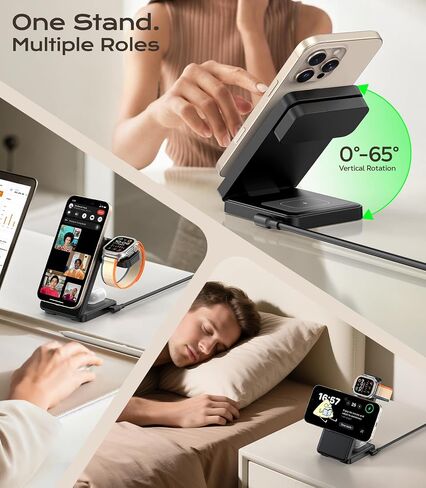3 في 1 شاحن لاسلكي مغناطيسي لأجهزة Apple ، 15W Fast-Mag-Safe Station قابل للطي متوافق مع iPhone 17 16 15 14 13 12 ، Watch Charger Stand for Apple Watch & Airpods ، Black in Kuwait