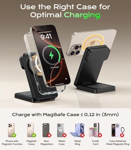 3 في 1 شاحن لاسلكي مغناطيسي لأجهزة Apple ، 15W Fast-Mag-Safe Station قابل للطي متوافق مع iPhone 17 16 15 14 13 12 ، Watch Charger Stand for Apple Watch & Airpods ، Black in Kuwait