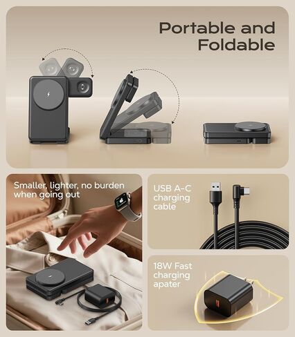 3 في 1 شاحن لاسلكي مغناطيسي لأجهزة Apple ، 15W Fast-Mag-Safe Station قابل للطي متوافق مع iPhone 17 16 15 14 13 12 ، Watch Charger Stand for Apple Watch & Airpods ، Black in Kuwait