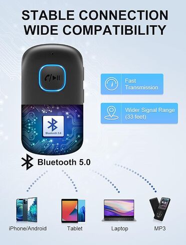 محول Aux Bluetooth للسيارة ، تدفق الموسيقى ، المكالمات غير اليدوية ، جهاز استقبال Bluetooth المحمول لاستريو/سماعات الرأس (اتصال مزدوج الجهاز ، عمر البطارية 12 ساعة) in Saudi Arabia