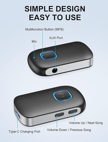 محول Aux Bluetooth للسيارة ، تدفق الموسيقى ، المكالمات غير اليدوية ، جهاز استقبال Bluetooth المحمول لاستريو/سماعات الرأس (اتصال مزدوج الجهاز ، عمر البطارية 12 ساعة) in Saudi Arabia