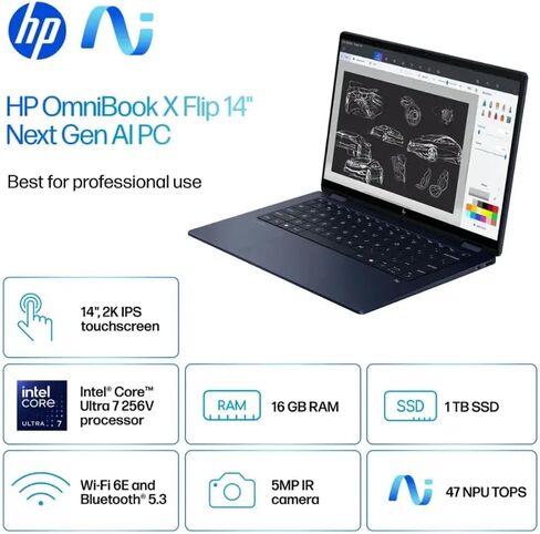 HP OmniBook X Flip 2-in-1 Touchscreen Laptop, 14" 2K AI Copilot+ PC, Intel Evo Platform 8-Core Ultra 7 258V(>Ultra 9 185H), 5MP IR Webcam, Backlit KB, W/Style & 128GB PSD, Win11 Home(16GB|1TB SSD) in Saudi Arabia
