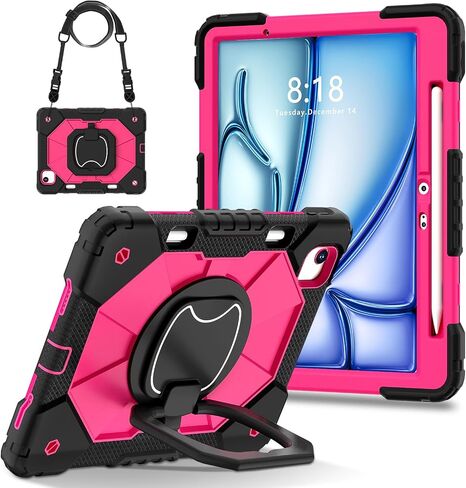 Case for iPad Air 11 Inch 6th Gen 2024 (النموذج: A2902/A2903/A2904): مع غطاء مقاوم للصدمات الهجين المحمول مع حامل القلم مع حلقة قابلة للتدوير 360 درجة ، كيكستاند ، حزام كتف. (أسود+أسود) in Saudi Arabia