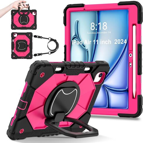 Case for iPad Air 11 Inch 6th Gen 2024 (النموذج: A2902/A2903/A2904): مع غطاء مقاوم للصدمات الهجين المحمول مع حامل القلم مع حلقة قابلة للتدوير 360 درجة ، كيكستاند ، حزام كتف. (أسود+أسود) in Saudi Arabia