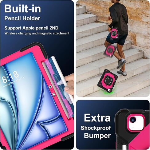 Case for iPad Air 11 Inch 6th Gen 2024 (النموذج: A2902/A2903/A2904): مع غطاء مقاوم للصدمات الهجين المحمول مع حامل القلم مع حلقة قابلة للتدوير 360 درجة ، كيكستاند ، حزام كتف. (أسود+أسود) in Saudi Arabia